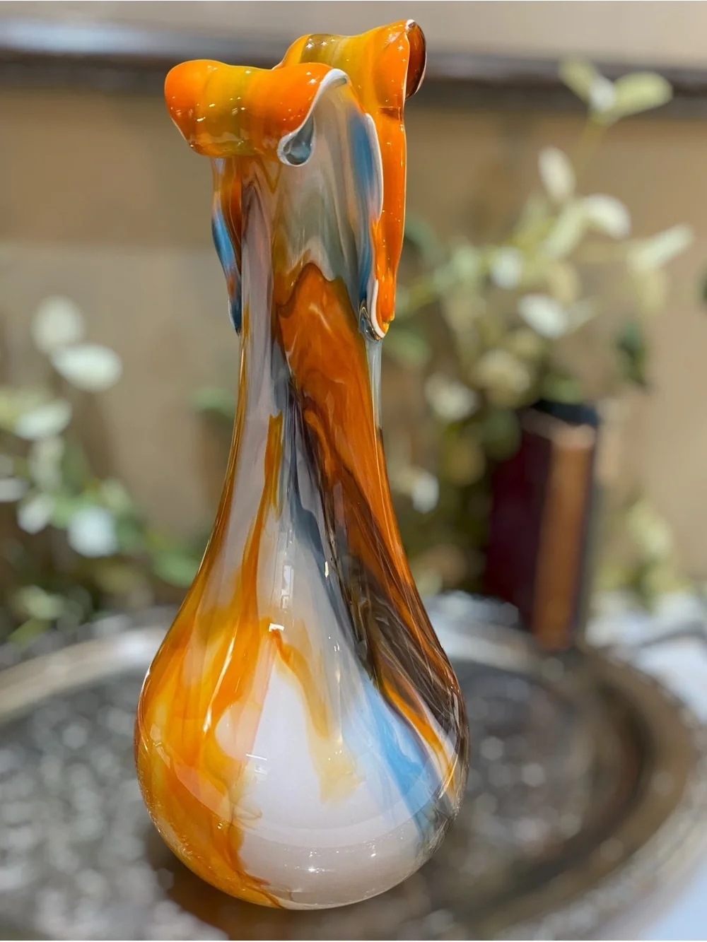 Vintage Murino Large 15” Hand Blown Art Glass Vase Fantastic Curled Rim Orange